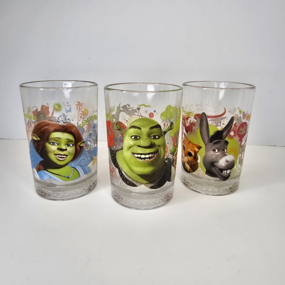 McDonalds Dreamworks 2007 Shrek the Third Glass Collector's Cup Set Of 3